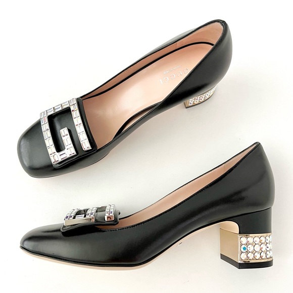 GUCCI | Decollete Madelyn Black Malaga Kid Pump Heel with G Crystals Size 37 - Picture 3 of 16